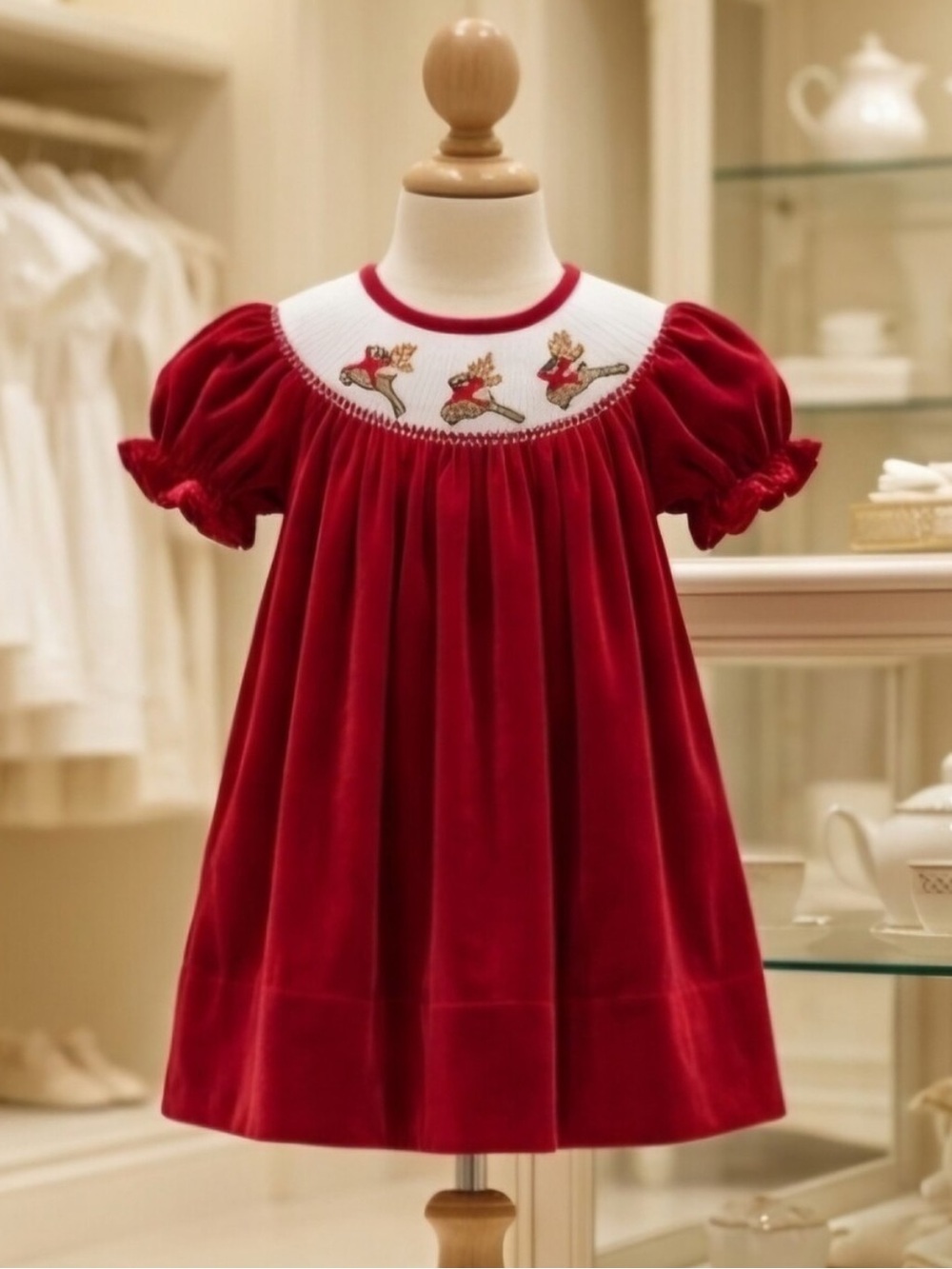 18-24M🦌 Lil Cactus Smocked Reindeer
with Matching Bows Red Plush Velour Dress